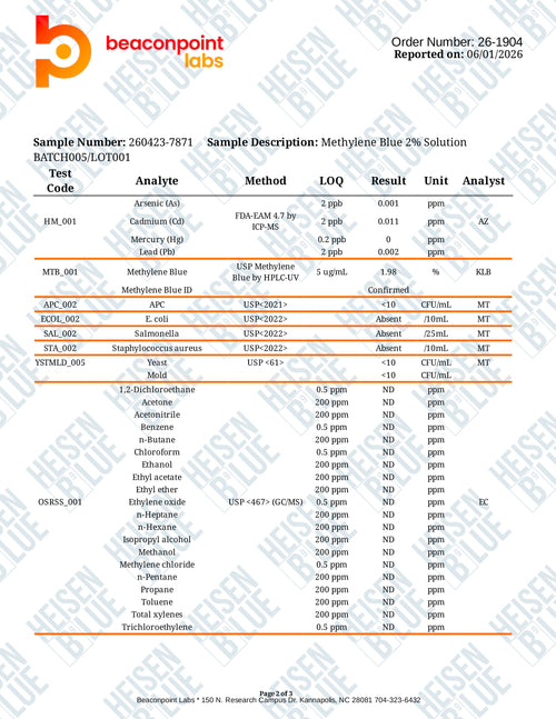 2% Methylene Blue Solution - 120ml - Large lab report with test results and analysis details.