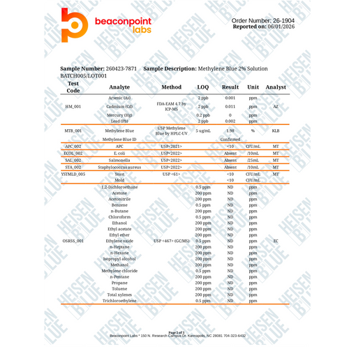 A pharmaceutical laboratory test report sheet from Beaconpoint Labs showing results for Methylene Blue 2% Solution. The document contains a detailed table with test codes, analytical units, concentrations, and quality metrics, with a red and blue logo at the top left.