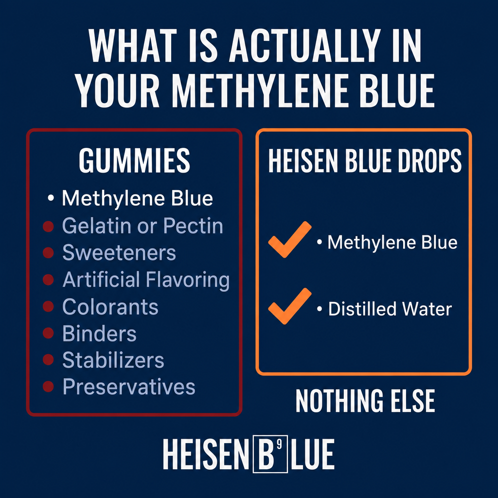 An informational graphic on a dark blue background titled 'WHAT IS ACTUALLY IN YOUR METHYNE BLUE' comparing gummies ingredients versus Heisen Blue Drops ingredients, with text boxes and orange checkmarks.