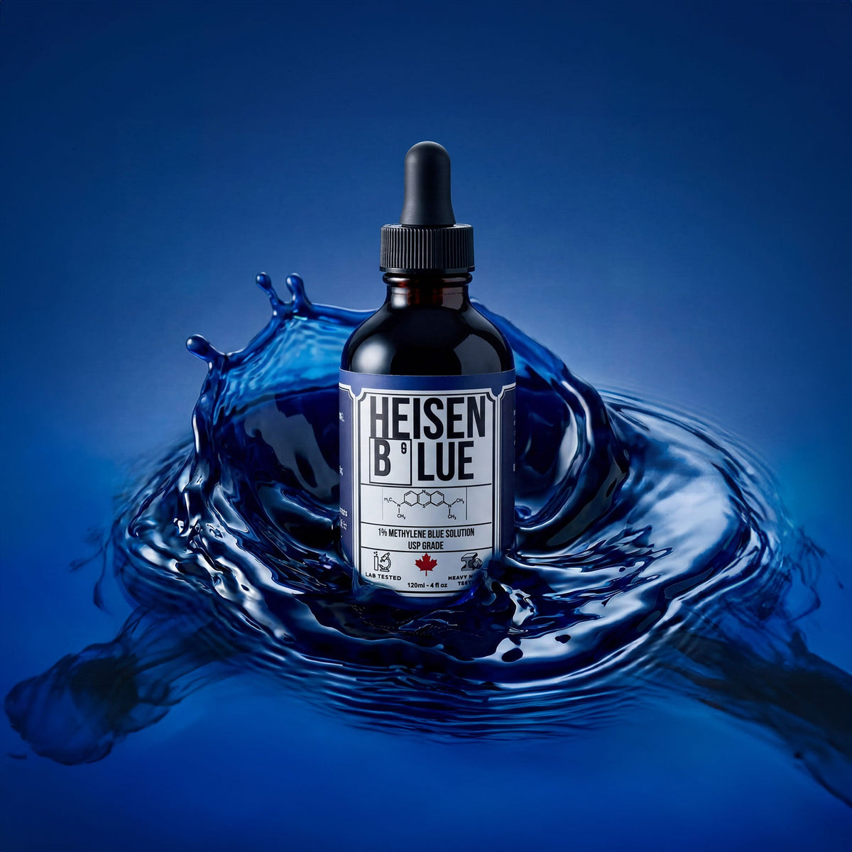 Heisen Blue methylene blue bottle with dye dispersing in water