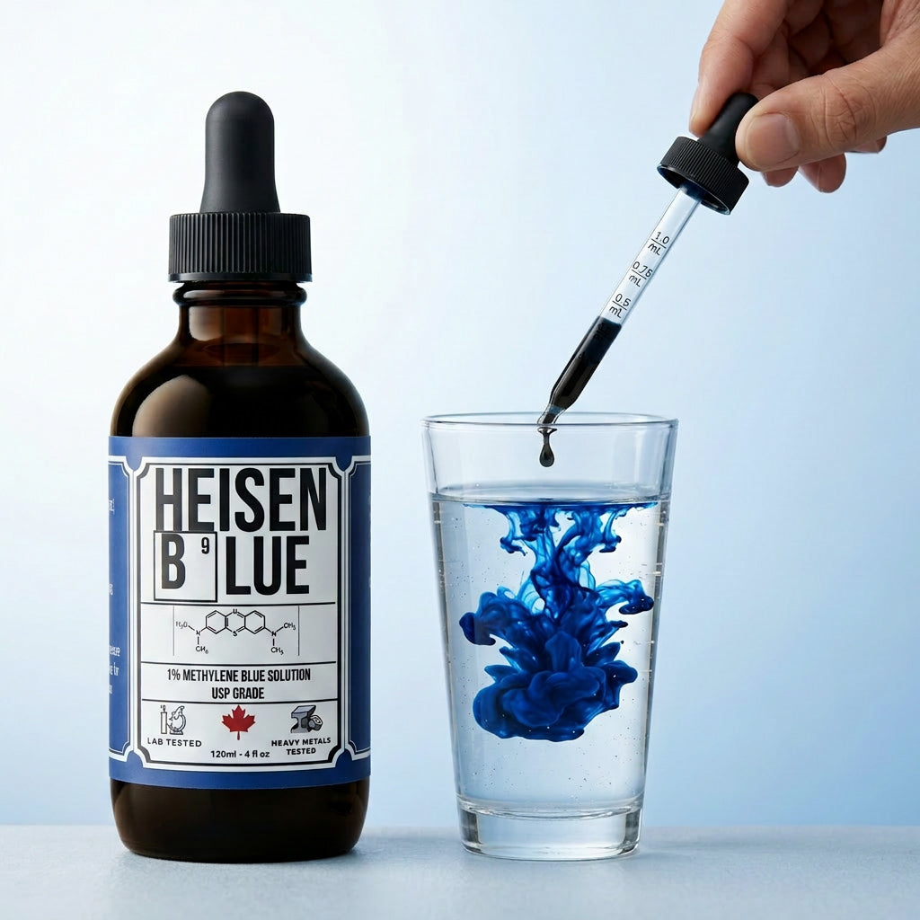 Methylene blue drops mixing in water glass with Heisen Blue dropper