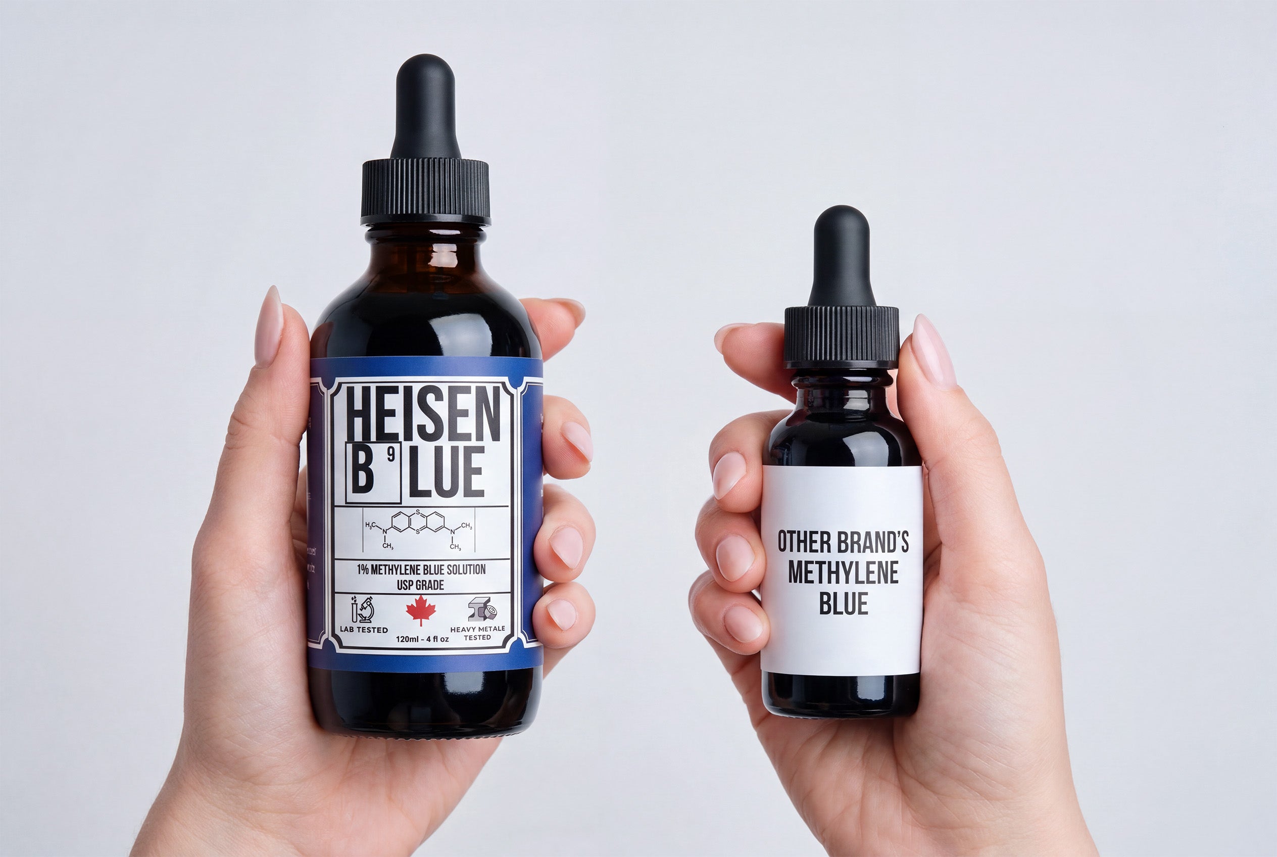 HeisenBlue USP-grade methylene blue 120ml vs other brand comparison